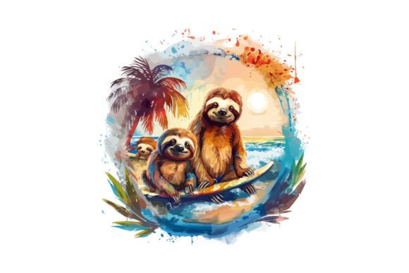 Mom and Baby Sloths with Surfer in Beach Graphics for Crafts